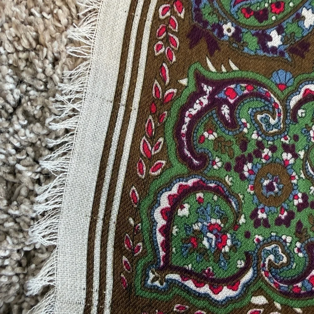 YSL Vintage Houndstooth Paisley Square Scarf Tan Cream Brown Green Red FLAWS